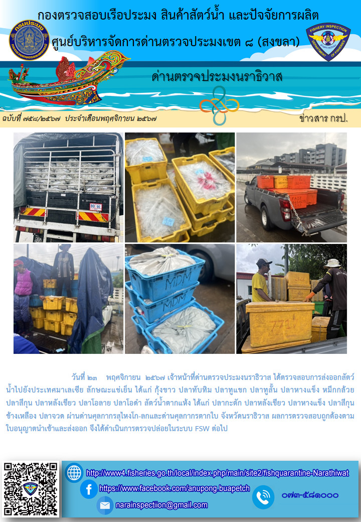 ประชาสัมพันธ์ด่านตรวจประมงนราธิวาส ประจำวันที่ 23 พฤศจิกายน 2567..คลิก