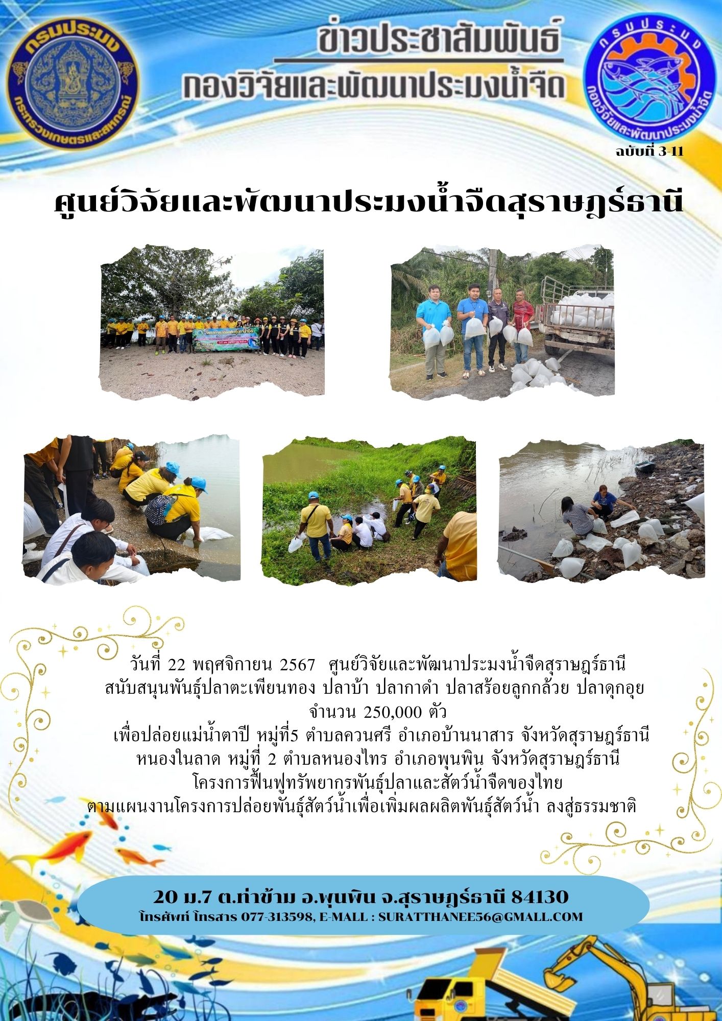 วันที่ 22 พฤศจิกายน 2567  ศูนย์วิจัยและพัฒนาประมงน้ำจืดสุราษฎร์ธานี สนับสนุนพันธุ์ปลาตะเพียนทอง ปลาบ้า ปลากาดำ ปลาสร้อยลูกกล้วย ปลาดุกอุย  จำนวน 250,000 ตัว  เพื่อปล่อยแม่น้ำตาปี หมู่ที่5 ตำบลควนศรี อำเภอบ้านนาสาร จังหวัดสุราษฎร์ธานี หนองในลาด หมู่ที่ 2 ตำบลหนองไทร อำเภอพุนพิน จังหวัดสุราษฎร์ธานี