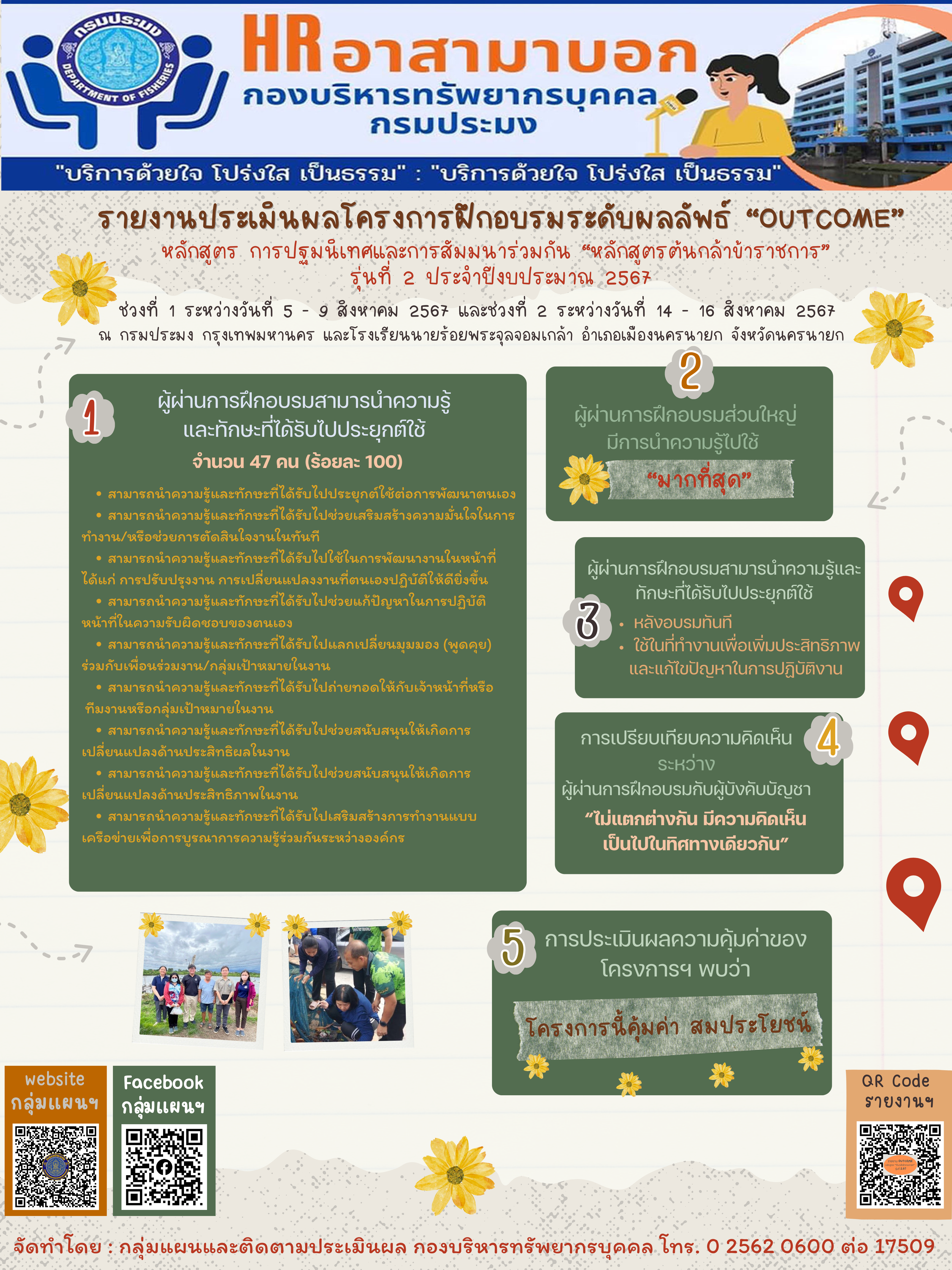 รายงานการประเมินผลโครงการฝึกอบรม ระดับผลลัพธ์ (Outcome) หลักสูตร การปฐมนิเทศและการสัมมนาร่วมกัน “หลักสูตรต้นกล้าข้าราชการ” รุ่นที่ 2 ประจำปีงบประมาณ 2567 ช่วงที่ 1 ระหว่างวันที่ 5 – 9 สิงหาคม 2567 ณ ห้องประชุมปากเปี่ยน อาคารจุฬาภรณ์ ชั้น 5 กรมประมง ช่วงที่ 2 ระหว่างวันที่ 14 – 16 สิงหาคม 2567 ณ โรงเรียนนายร้อยพระจุลจอมเกล้า อำเภอเมืองนครนายก จังหวัดนครนายก..คลิก