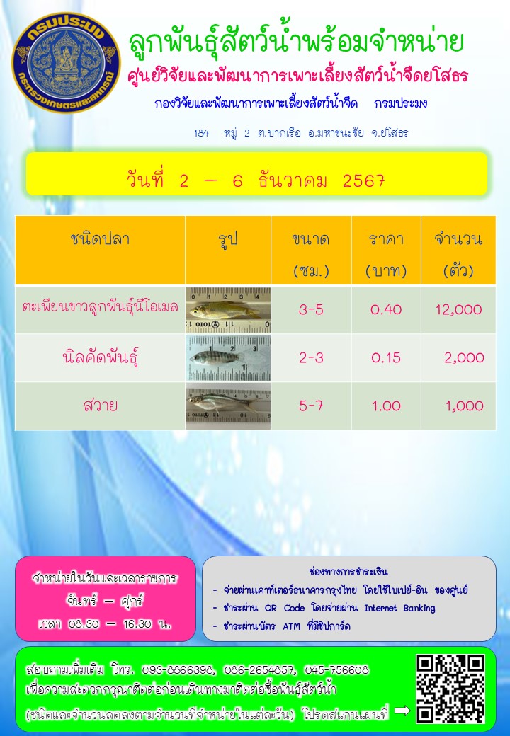 ลูกพันธุ์สัตว์น้ำพร้อมจำหน่าย 2 - 6 ธ.ค. 2567..คลิก