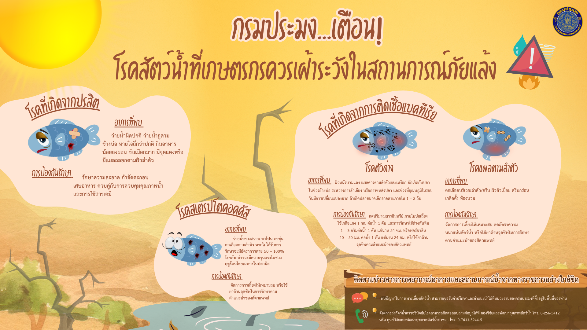 กรมประมงเตือน โรคสัตว์น้ำที่เกษตรกรควรเฝ้าระวังในสถานการณ์ภัยแล้ง..คลิก