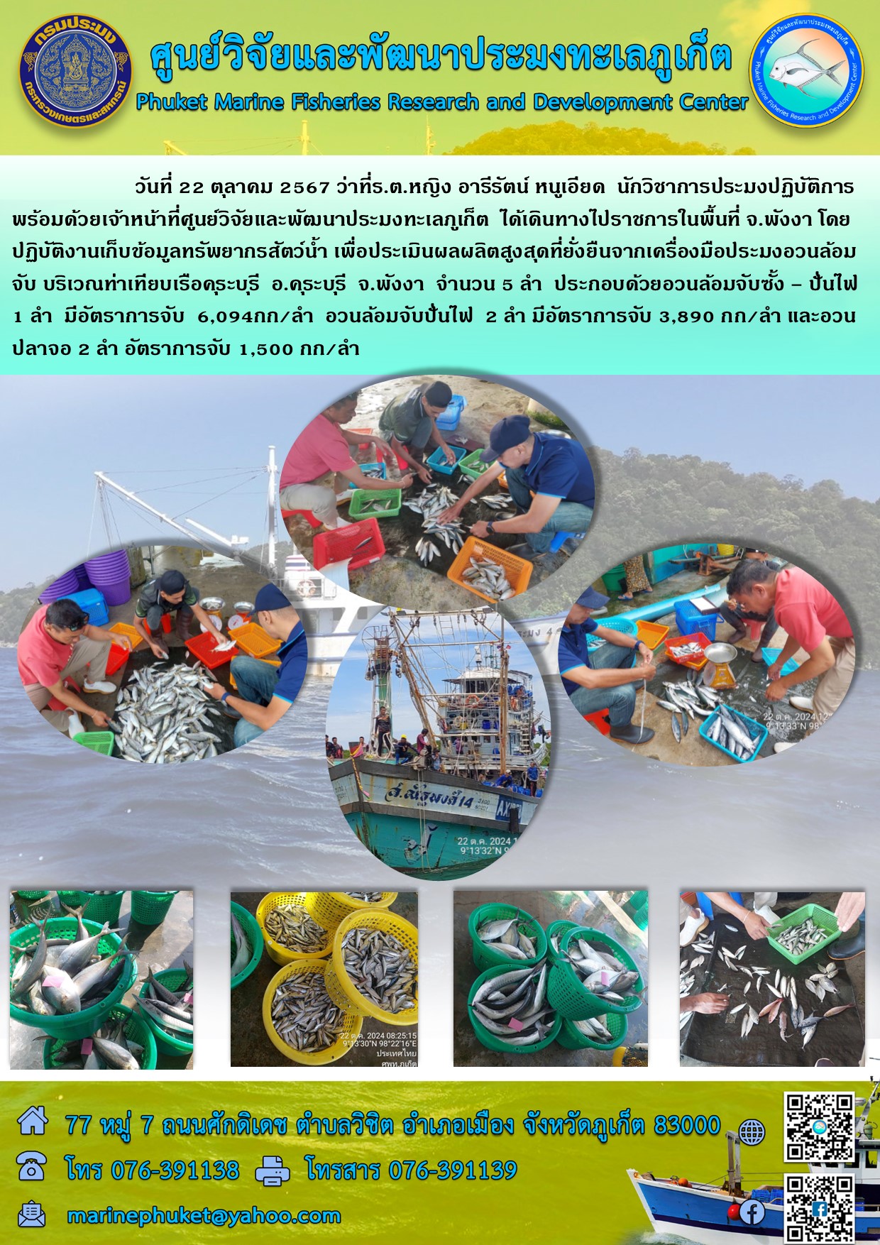วันที่ 22 ตุลาคม 2567 เจ้าหน้าที่ศูนย์วิจัยและพัฒนาประมงทะเลภูเก็ต  ปฏิบัติงานเก็บข้อมูลทรัพยากรสัตว์น้ำ เพื่อประเมินผลผลิตสูงสุดที่ยั่งยืนจากเครื่องมือประมงอวนล้อมจับ ในพื้นที่ จ.พังงา 