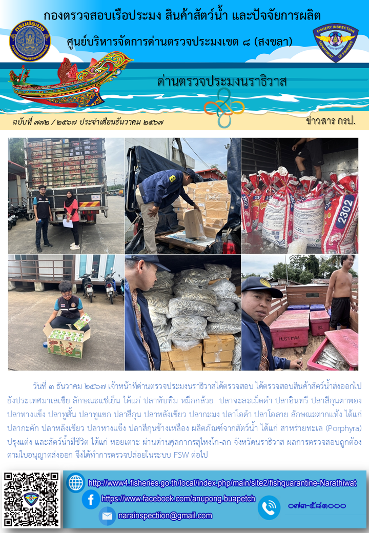 ประชาสัมพันธ์ด่านตรวจประมงนราธิวาส ประจำวันที่ 3 ธันวาคม 2567..คลิก