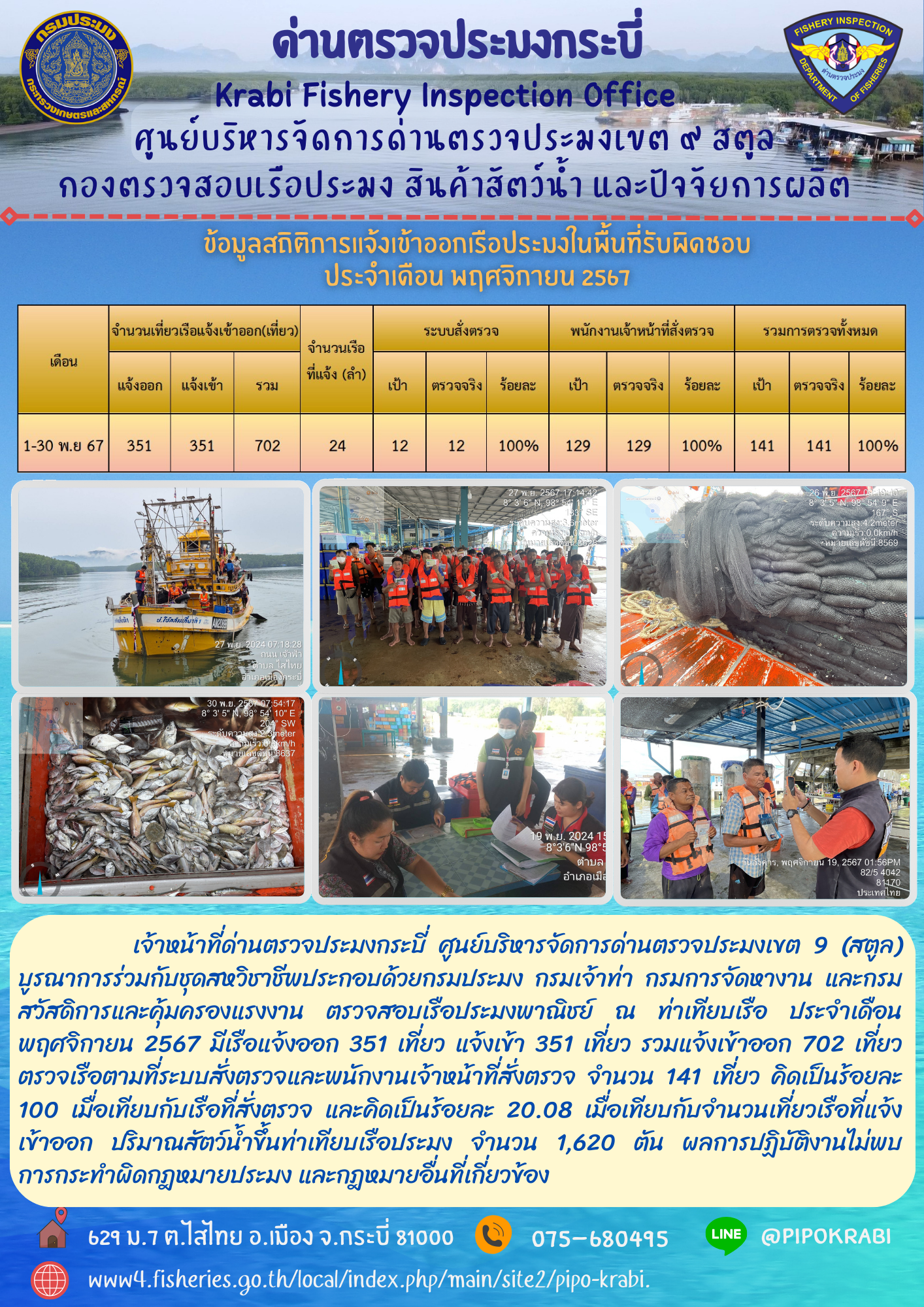 ผลการปฏิบัติงาน การตรวจสอบเรือประมงไทยที่แจ้งเข้าออก และการตรวจสอบการนำเข้า-ส่งออกสินค้าสัตว์น้ำ ในเขตพื้นที่รับผิดชอบของศูนย์บริหารจัดการด่านตรวจประมงเขต 9 (สตูล) ประจำเดือนพฤศจิกายน 2567..คลิก