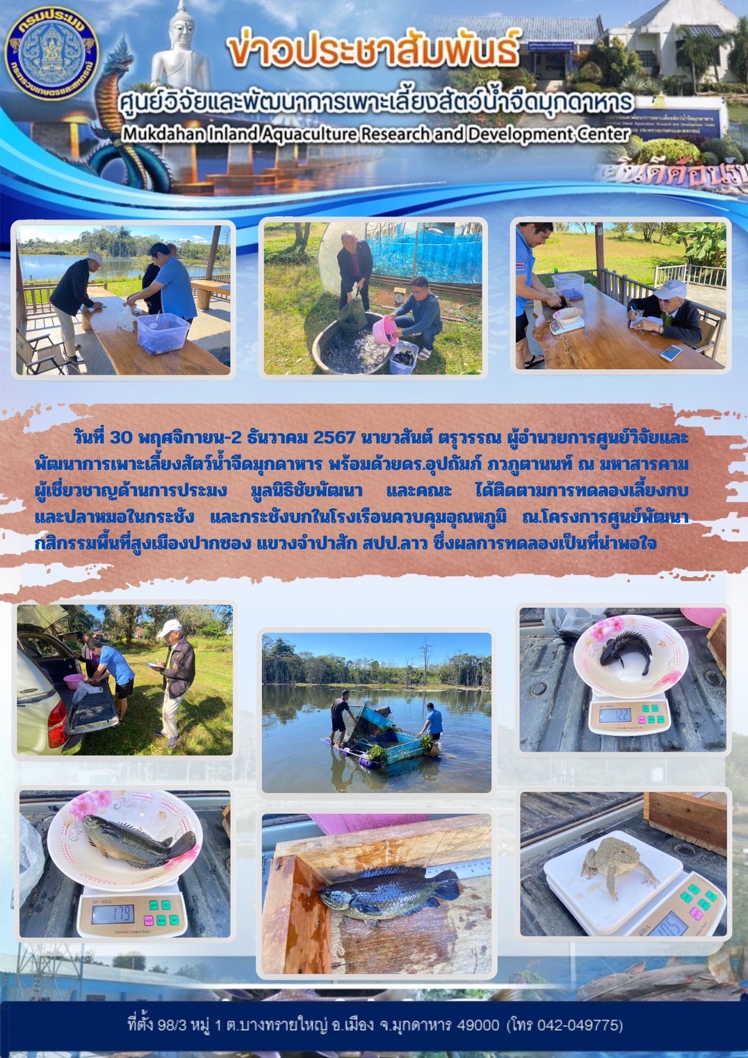 ติดตามการทดลองเลี้ยงกบ และปลาหมอในกระชัง และกระชังบกในโรงเรือนควบคุมอุณหภูมิ ณ.โครงการศูนย์พัฒนากสิกรรมพื้นที่สูงเมืองปากซอง แขวงจำปาสัก สปป.ลาว..คลิก