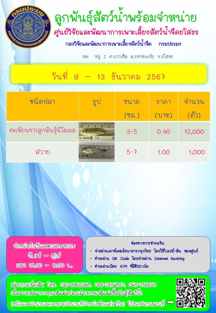 ลูกพันธุ์สัตว์น้ำพร้อมจำหน่าย 9 - 13 ธ.ค. 2567..คลิก