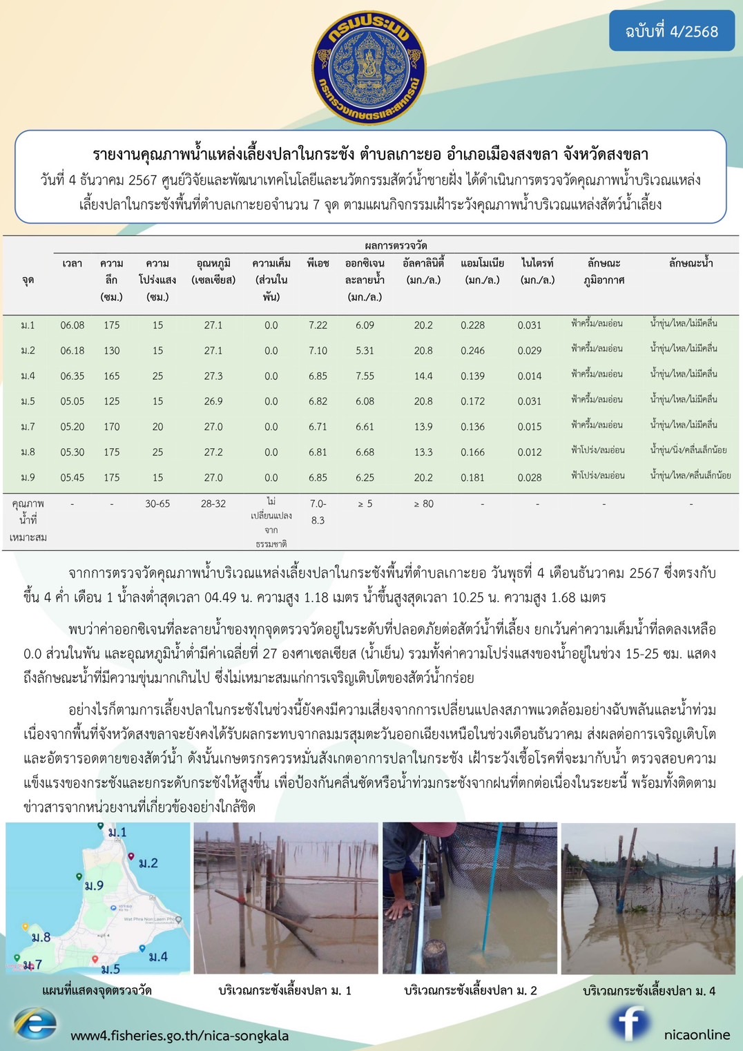 รายงานคุณภาพน้ำ ตำบลเกาะยอ อำเภอเมือง จังหวัดสงขลา 14 พฤศจิกายน 2567..คลิก