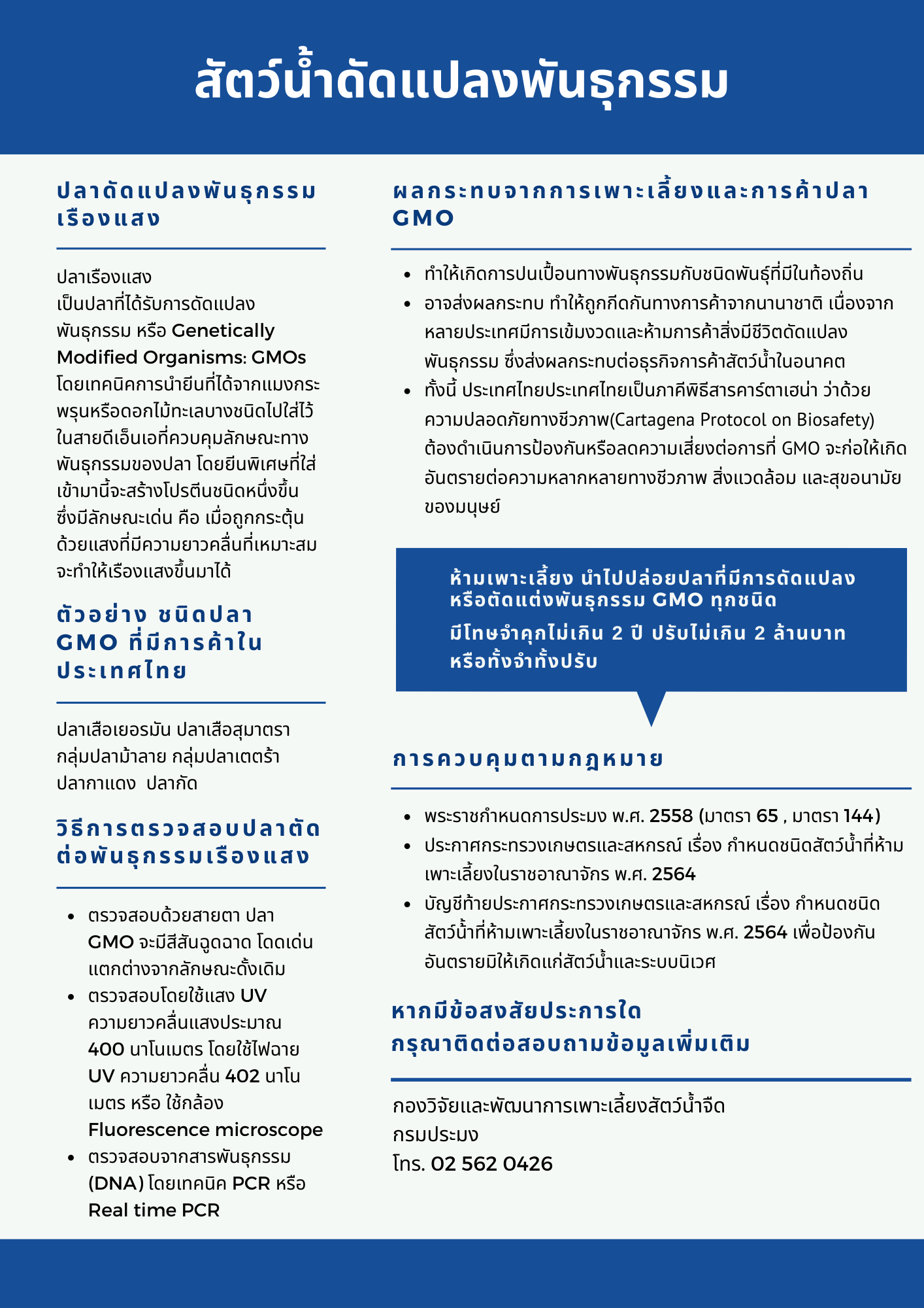  ห้ามเพาะเลี้ยง หรือ นำไปปล่อย ?? ปลาที่มีการดัดแปลงพันธุ์กรรม (GMOs) ฝ่าฝืน มีโทษจำคุกไม่เกิน 2 ปี ปรับไม่เกิน 2 ล้านบาท หรือทั้งจำและปรับ
