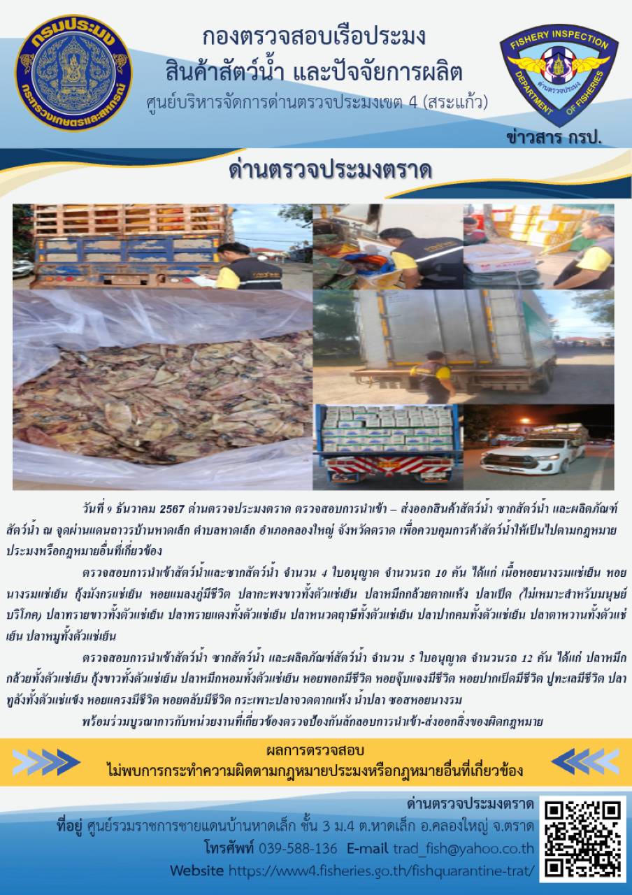 ผลการปฏิบัติงานของด่านตรวจประมงตราด ประจำวันที่ 9 ธันวาคม 2567