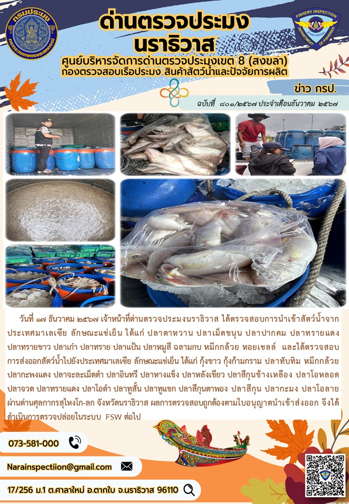 ประชาสัมพันธ์ด่านตรวจประมงนราธิวาส ประจำวันที่ 17 ธันวาคม 2567..คลิก