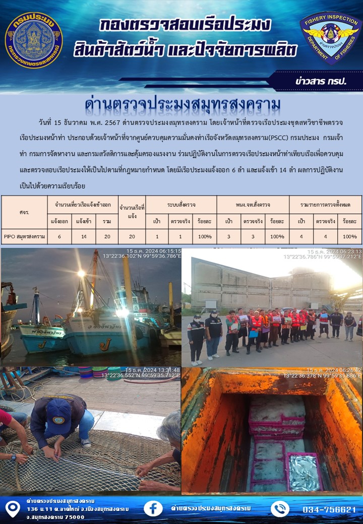 สถิติการแจ้งเข้า - ออกเรือประมงพาณิชย์ ด่านตรวจประมงสมุทรสงคราม ประจำวันที่ 15 ธันวาคม 2567..คลิก