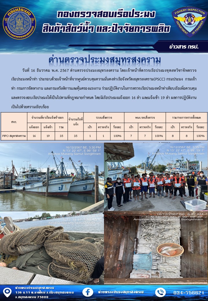 สถิติการแจ้งเข้า - ออกเรือประมงพาณิชย์ ด่านตรวจประมงสมุทรสงคราม ประจำวันที่ 16 ธันวาคม 2567..คลิก