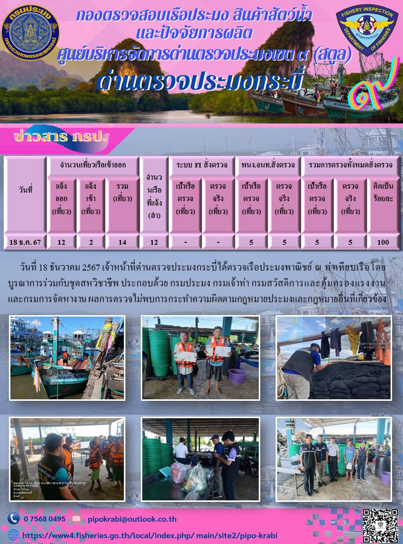 ผลการปฏิบัติงานตรวจเรือประมงหน้าท่าประจำวันที่ 18 ธันวาคม 2567