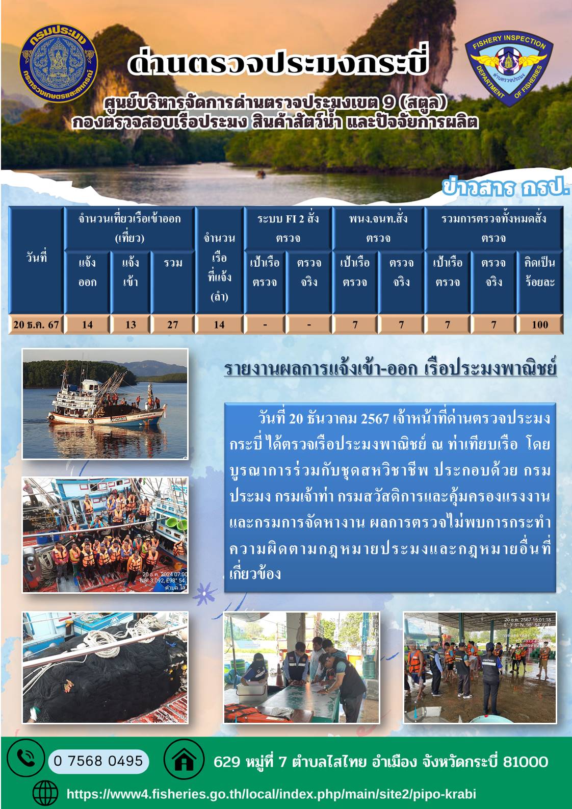 ผลการปฏิบัติงานตรวจเรือประมงหน้าท่าประจำวันที่ 20 ธันวาคม 2567