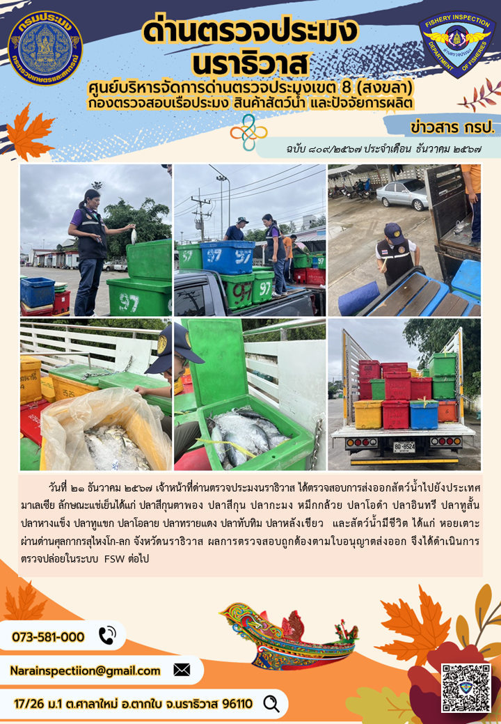 ประชาสัมพันธ์ด่านตรวจประมงนราธิวาส ประจำวันที่ 21 ธันวาคม 2567..คลิก