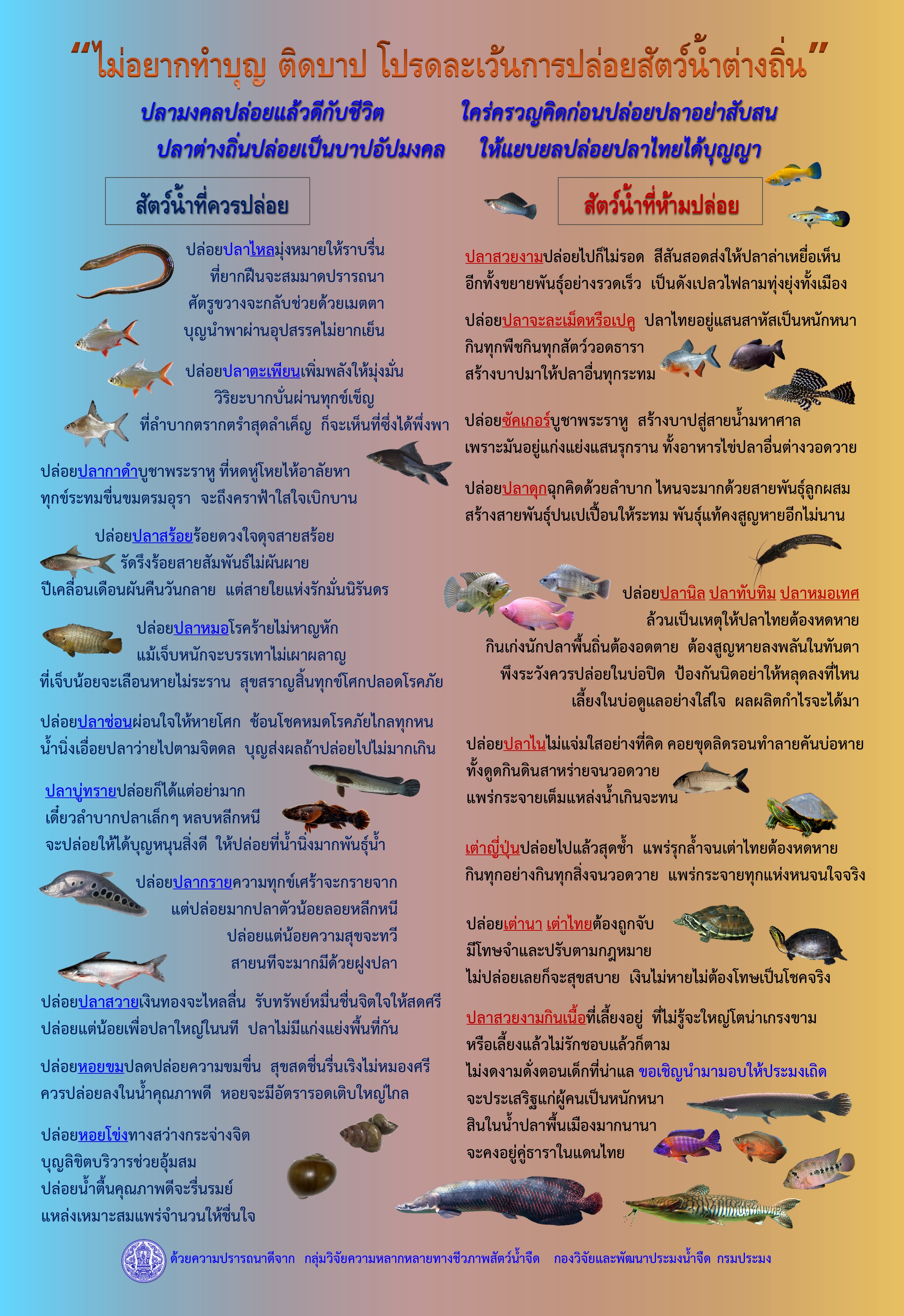 ประชาสัมพันธ์ กฎหมายควบคุมป้องกันและกำจัดสัตว์น้ำต่างถิ่น ต่างถิ่น รุกรานและมีแนวโน้มรุกราน พระราชกำหนดการประมง พ.ศ. 2558 และที่แก้ไขเพิ่มเติม..คลิก