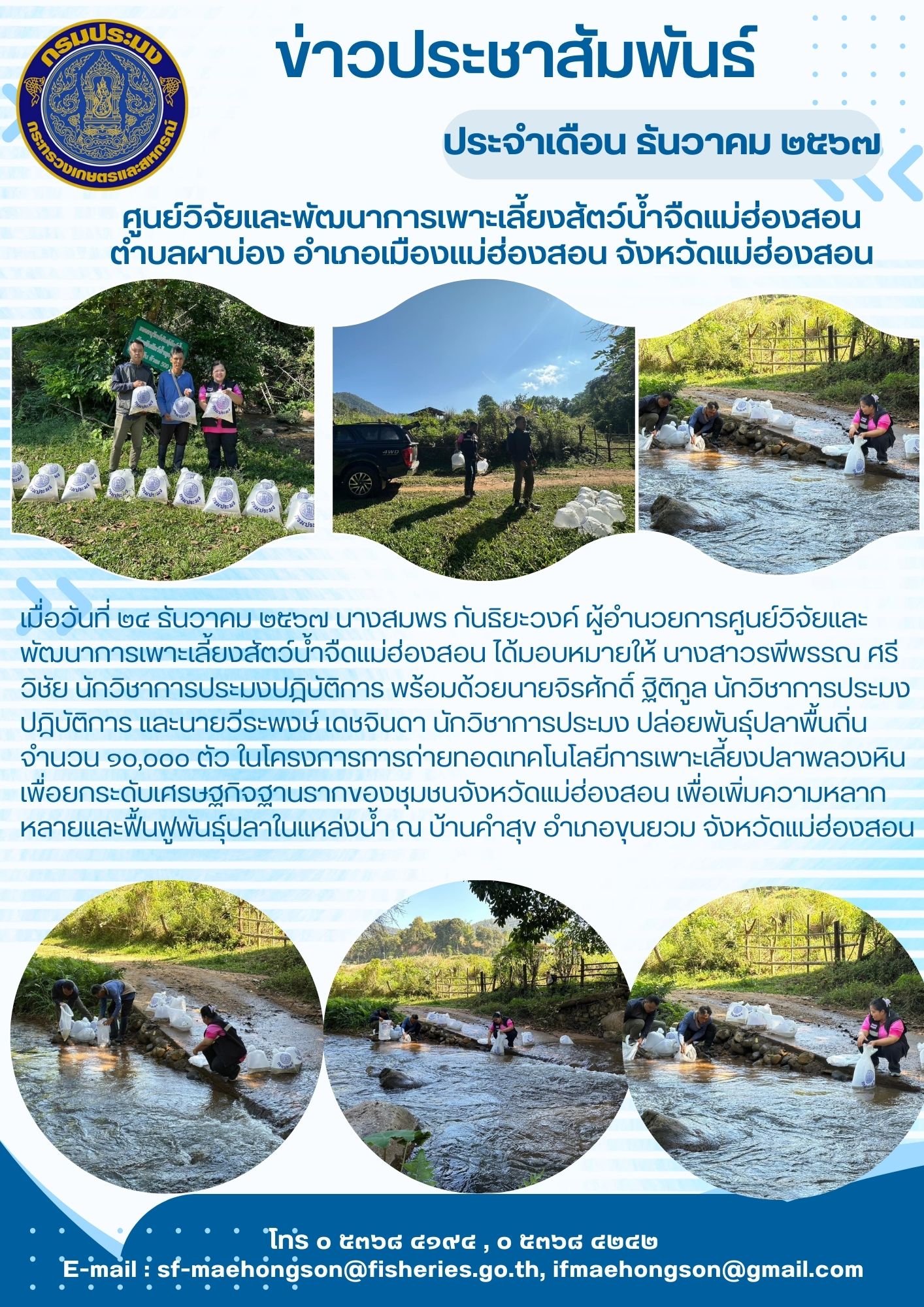 ปล่อยพันธุ์ปลาพื้นถิ่นในโครงการการถ่ายทอดเทคโนโลยีการเพาะเลี้ยงปลาพลวงหินเพื่อยกระดับเศรษฐกิจฐานรากของชุมชนจังหวัดแม่ฮ่องสอน..คลิก