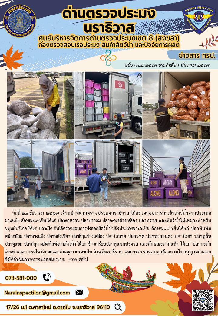 ประชาสัมพันธ์ด่านตรวจประมงนราธิวาส ประจำวันที่ 23 ธันวาคม  2567..คลิก