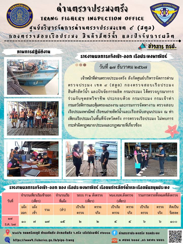 ประชาสัมพันธ์การปฏิบัติงานด่านตรวจประมงตรัง..คลิก