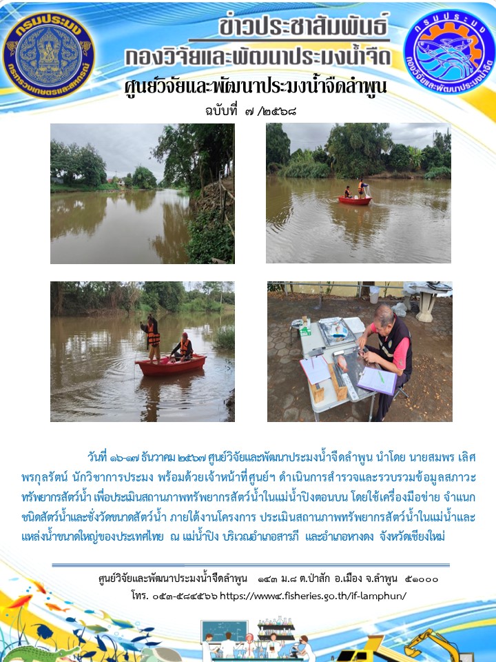 วันที่ 16-17 ธันวาคม 2567 ศูนย์วิจัยและพัฒนาประมงน้ำจืดลำพูน นำโดย นายสมพร เลิศพรกุลรัตน์ นักวิชาการประมง พร้อมด้วยเจ้าหน้าที่ศูนย์ฯ ดำเนินการสำรวจและรวบรวมข้อมูลสภาวะทรัพยากรสัตว์น้ำ เพื่อประเมินสถานภาพทรัพยากรสัตว์น้ำในแม่น้ำปิงตอนบน โดยใช้เครื่องมือข่าย จำแนกชนิดสัตว์น้ำและชั่งวัดขนาดสัตว์น้ำ..คลิก
