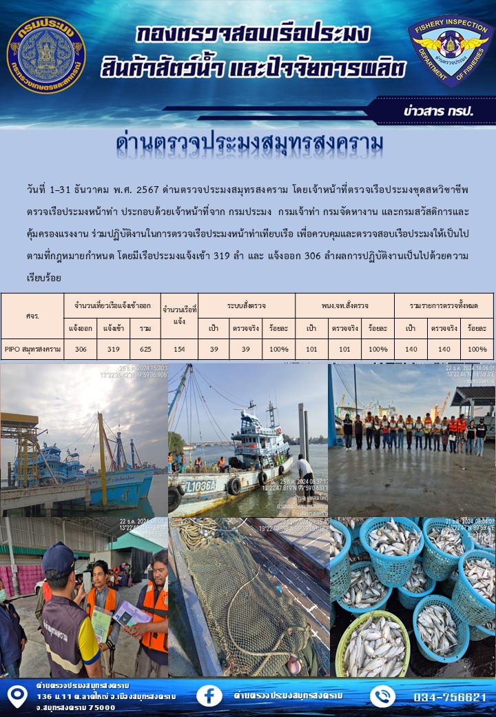สถิติการแจ้งเข้า - ออกเรือประมงพาณิชย์ ด่านตรวจประมงสมุทรสงคราม ประจำเดือน ธันวาคม 2567..คลิก