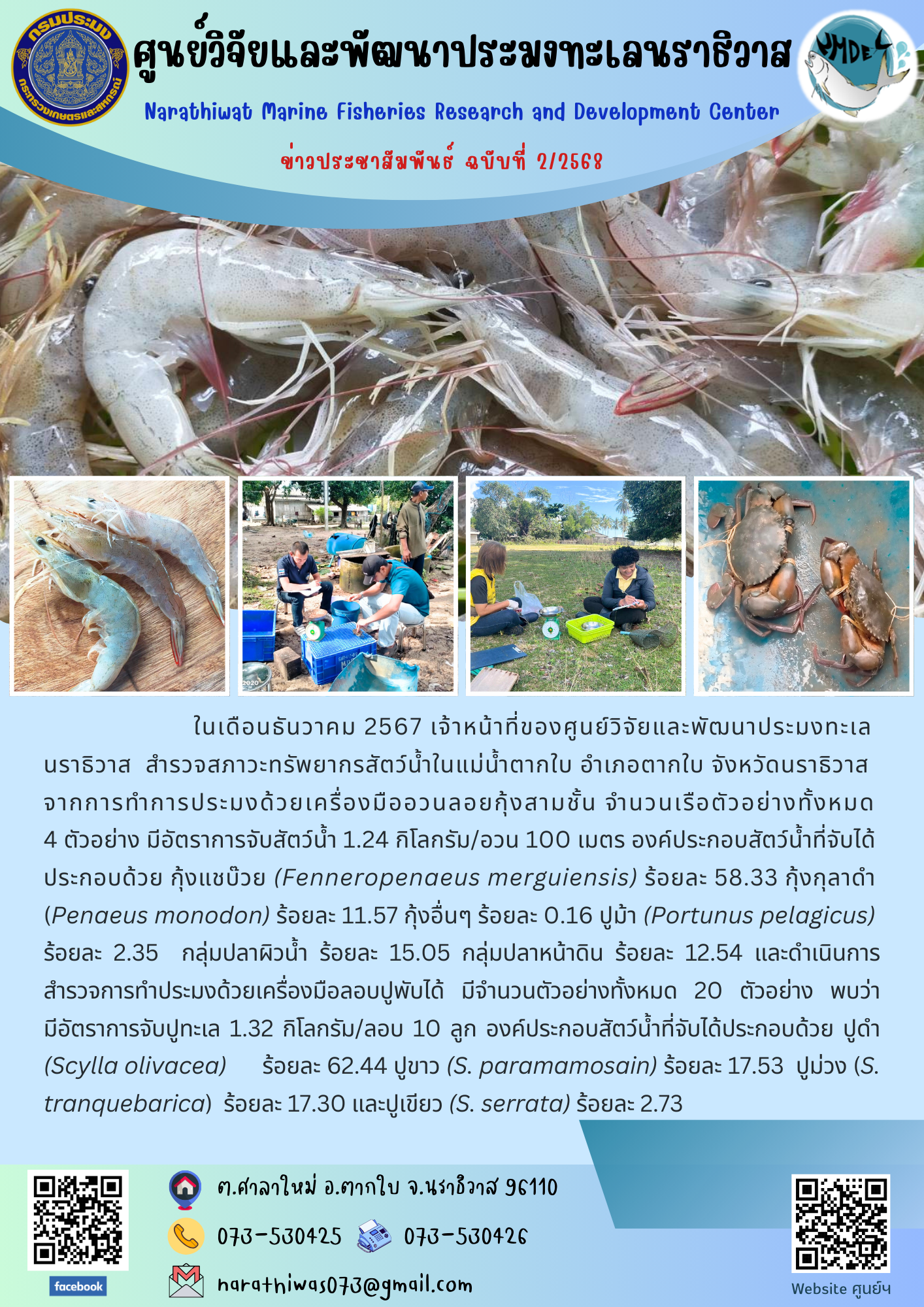 ในเดือนธันวาคม 2567 เจ้าหน้าที่ของศูนย์วิจัยและพัฒนาประมงทะเลนราธิวาส สำรวจสภาวะทรัพยากรสัตว์น้ำในแม่น้ำตากใบ อำเภอตากใบ จังหวัดนราธิวาส..คลิก