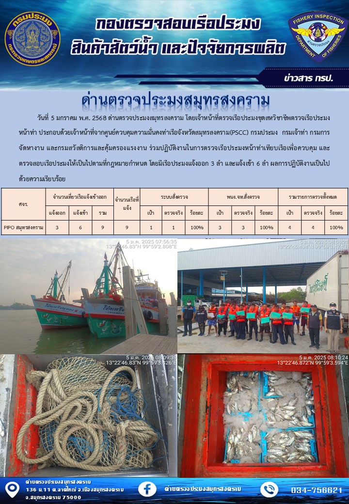 สถิติการแจ้งเข้า - ออกเรือประมงพาณิชย์ ด่านตรวจประมงสมุทรสงคราม ประจำวันที่ 5 มกราคม 2568..คลิก