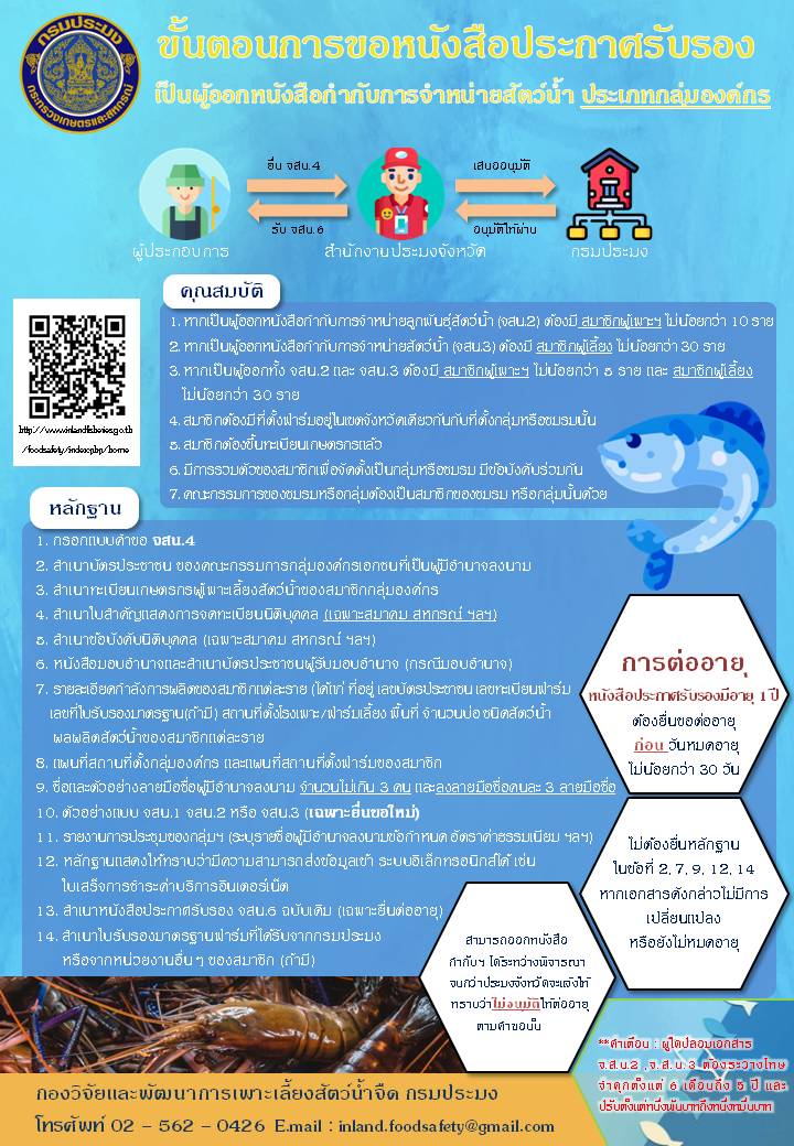 ขั้นตอนการขอหนังสือประกาศรับรอง เป็นผู้ออกหนังสือกำกับการจำหน่ายสัตว์น้ำ ประเภทกลุ่มองค์กร