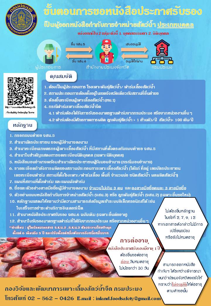 ขั้นตอนการขอหนังสือประกาศรับรอง เป็นผู้ออกหนังสือกำกับการจำหน่ายสัตว์น้ำ ประเภทบุคคล