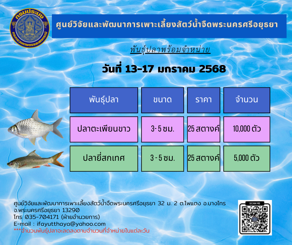 ชนิดพันธุ์สัตว์น้ำพร้อมจำหน่าย 13-17 มกราคม 2568 ศพจ.พระนครศรีอยุธยา..คลิก