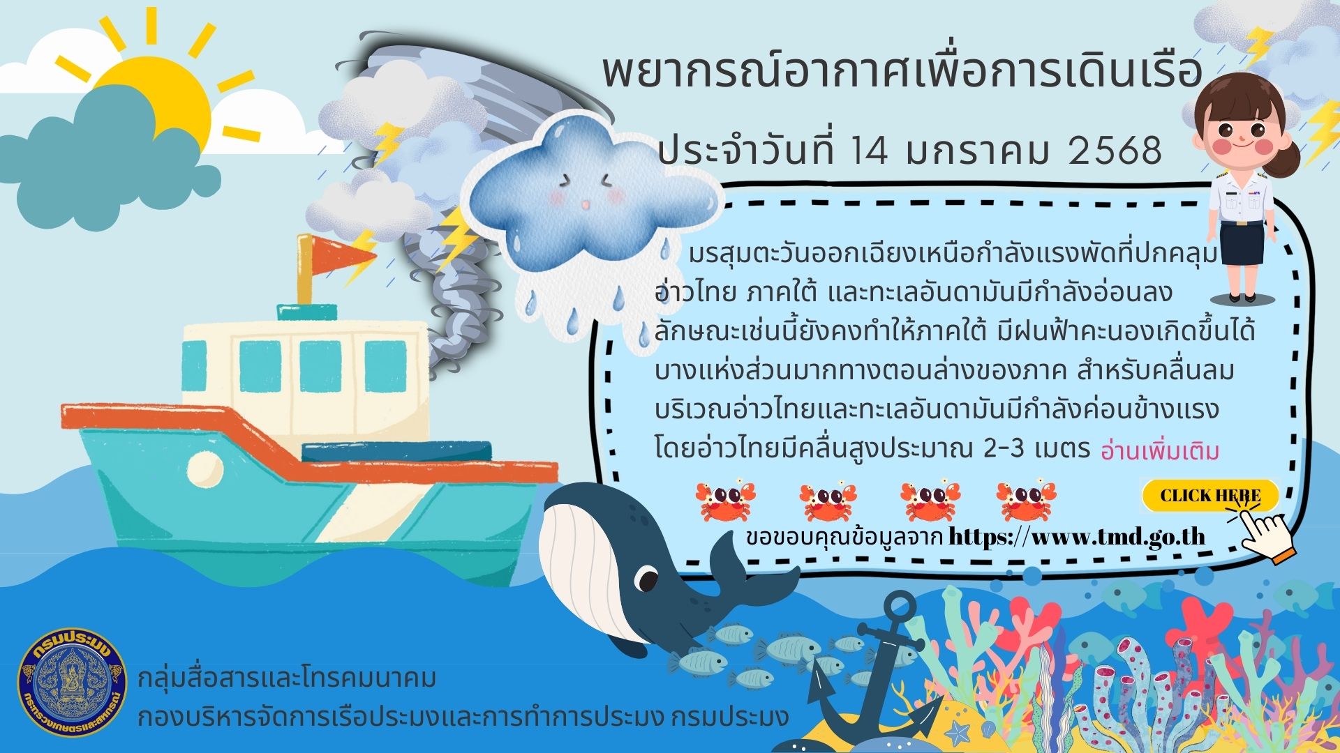 พยากรณ์อากาศเพื่อการเดินเรือ ประจำวันที่ 14 มกราคม 2568