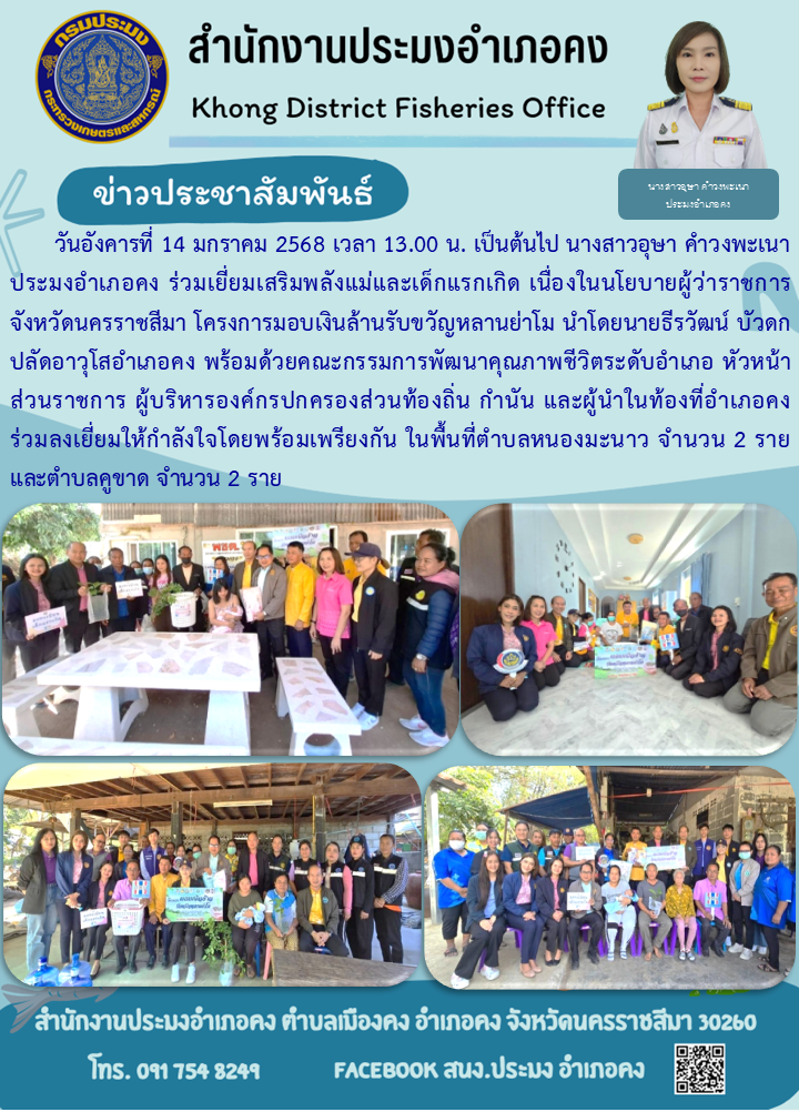 วันที่ 14 มกราคม 2568 ประมงอำเภอคง ร่วมเยี่ยมเสริมพลังแม่และเด็กแรกเกิดเนื่องในนโยบายผู้ว่าราชการจังหวัดนครราชสีมา โครงการมอบเงินล้านรับขวัญหลานย่าโม ในพื้นที่ตำบลหนองมะนาวและตำบลคูขาด อำเภอคง..คลิก