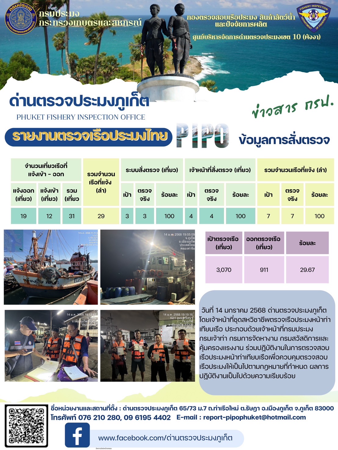 ข่าวประชาสัมพันธ์กิจกรรมการตรวจเรือประมงพาณิชย์แจ้งเข้า - ออก วันที่ 14 มกราคม 2568..คลิก