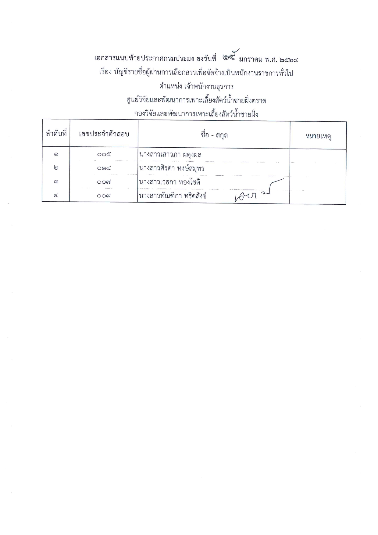 ประกาศกรมประมง เรื่อง บัญชีรายชื่อผู้ผ่านการเลือกสรรเพื่อจัดจ้างเป็นพนักงานราชการทั่วไป