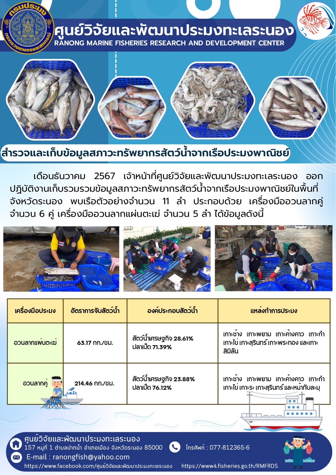 เดือนธันวาคม 2567 เจ้าหน้าที่ศูนย์วิจัยและพัฒนาประมงทะเลระนอง ออกปฏิบัติงานเก็บรวมรวมข้อมูลสภาวะทรัพยากรสัตว์น้ำจากเรือประมงพาณิชย์ในพื้นที่จังหวัดระนอง พบเรือตัวอย่างจำนวน 11 ลำ ประกอบด้วย เครื่องมืออวนลากคู่จำนวน 6 คู่ เครื่องมืออวนลากแผ่นตะเข่ จำนวน 5 ลำ ได้ข้อมูลดังนี้ ฯลฯ..คลิก