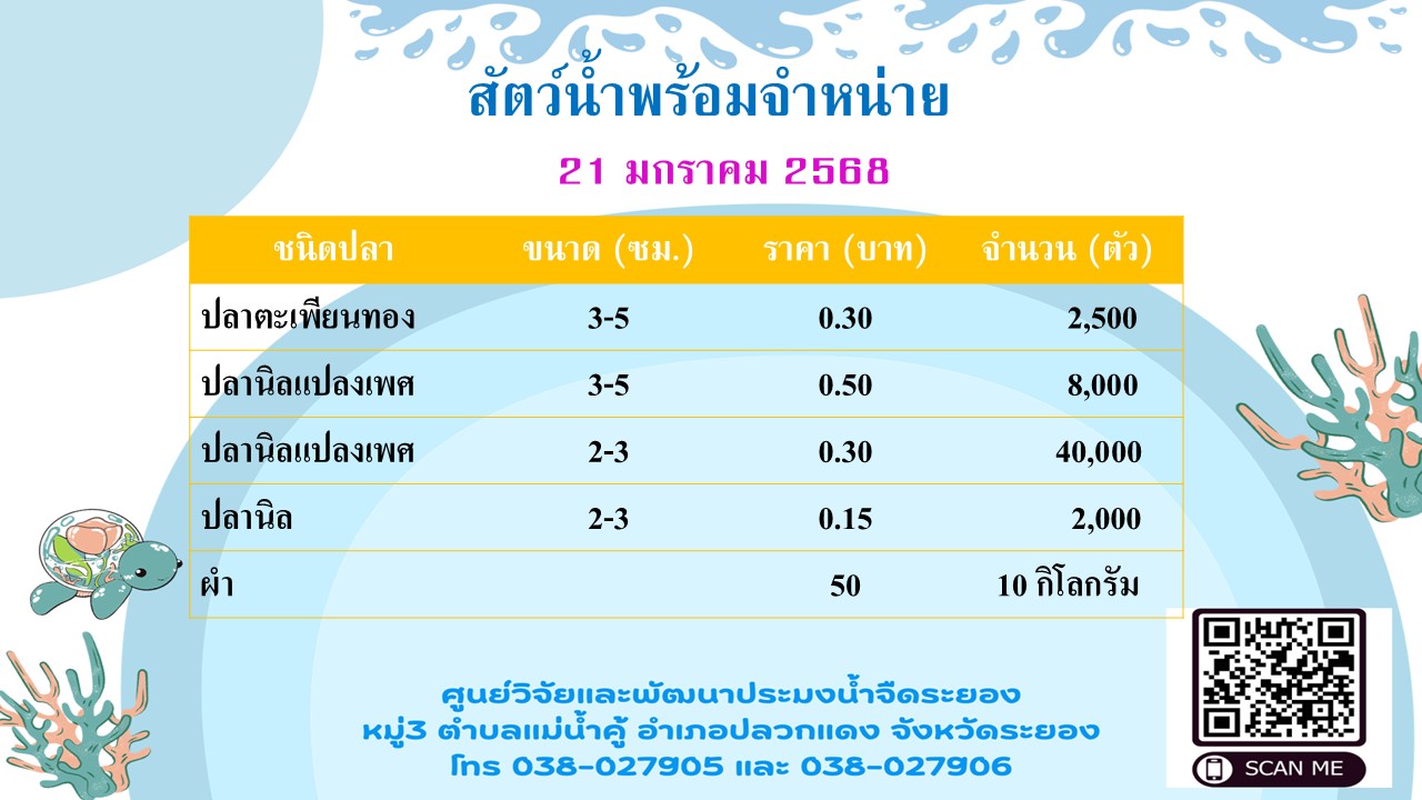 สัตว์น้ำพร้อมจำหน่าย วันที่ 21 มกราคม 2568..คลิก