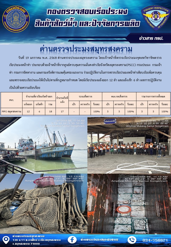 สถิติการแจ้งเข้า - ออกเรือประมงพาณิชย์ ด่านตรวจประมงสมุทรสงคราม ประจำวันที่ 19 มกราคม 2568..คลิก
