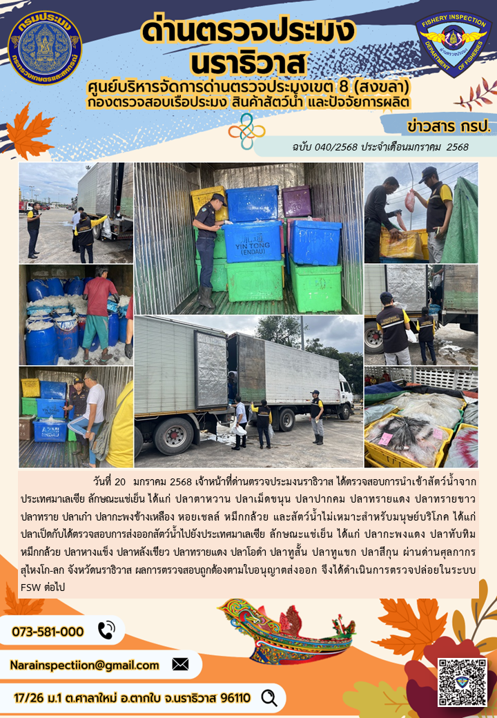 ประชาสัมพันธ์ด่านตรวจประมงนราธิวาส ประจำวันที่ 20 มกราคม 2568..คลิก