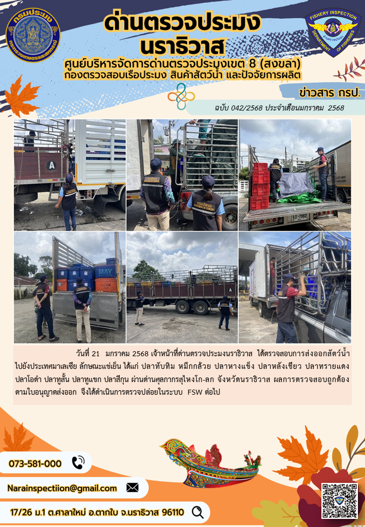 ประชาสัมพันธ์ด่านตรวจประมงนราธิวาส ประจำวันที่ 21 มกราคม 2568..คลิก