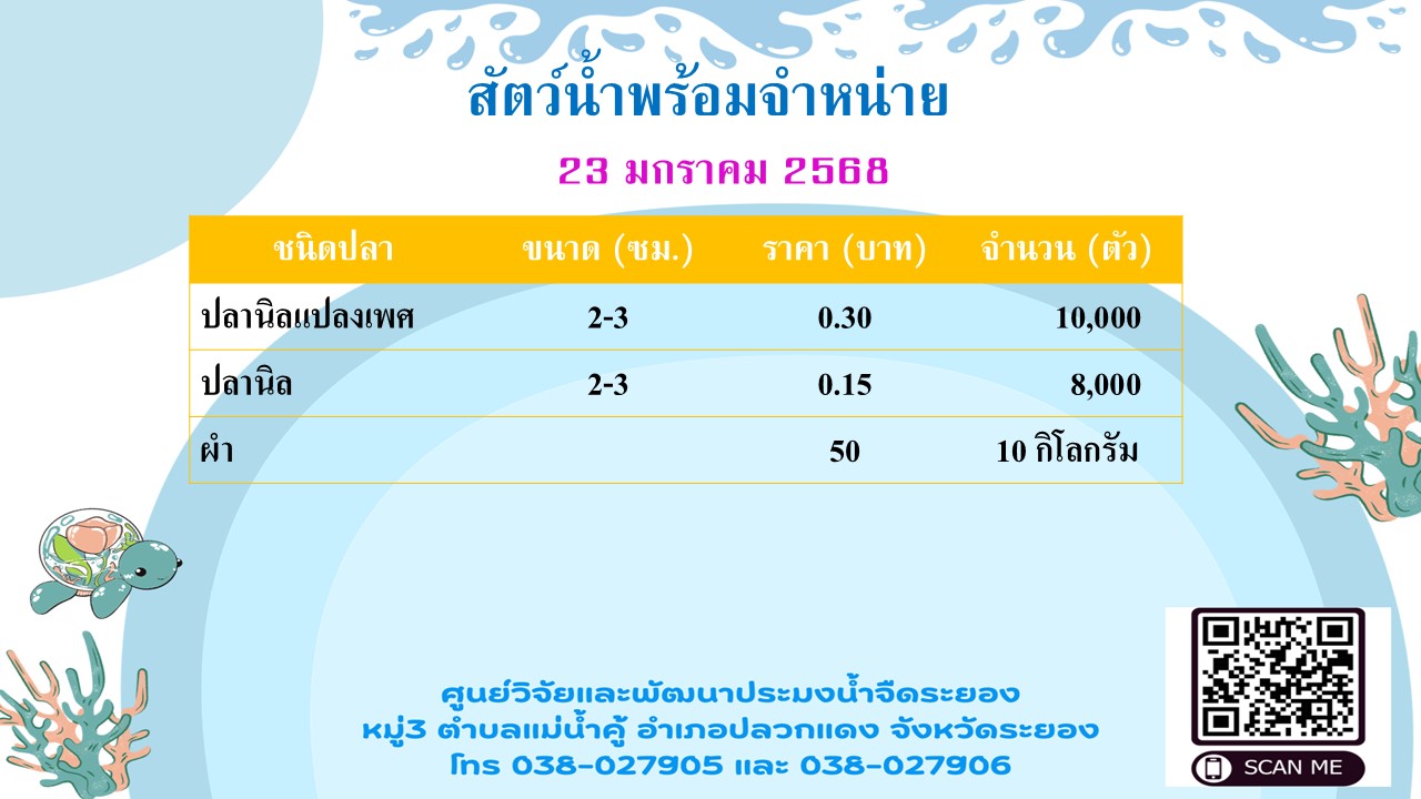 สัตว์น้ำพร้อมจำหน่าย วันที่ 23 มกราคม 2568..คลิก