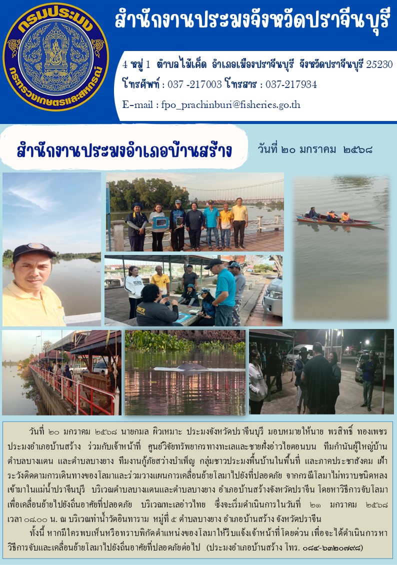 ข่าวประชาสัมพันธ์ สำนักงานประมงอำเภอบ้านสร้าง เฝ้า ระวังติดตามการเดินทางของโลมาและร่วมวางแผนการเคลื่อนย้ายโลมาไปยังที่ปลอดภัย จากกรณีโลมาไม่ทราบชนิดหลง เข้ามาในแม่น้ำปราจีนบุรี บริเวณตำบลบางแตนและตำบลบางยาง..คลิก