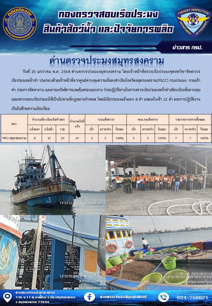 สถิติการแจ้งเข้า - ออกเรือประมงพาณิชย์ ด่านตรวจประมงสมุทรสงคราม ประจำวันที่ 20 มกราคม 2568..คลิก