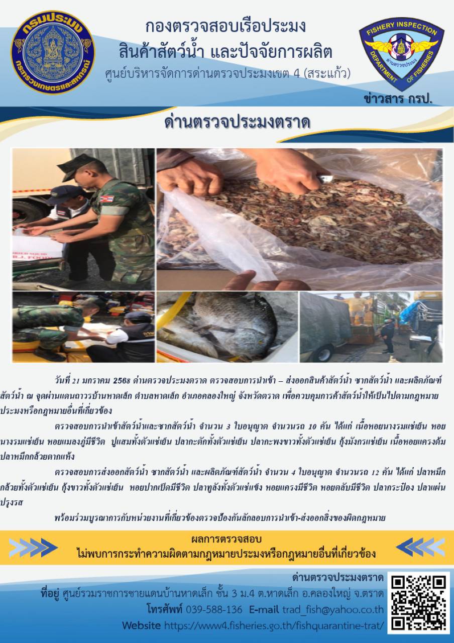 ผลการปฏิบัติงานของด่านตรวจประมงตราด ประจำวันที่ 21 มกราคม 2568..คลิก