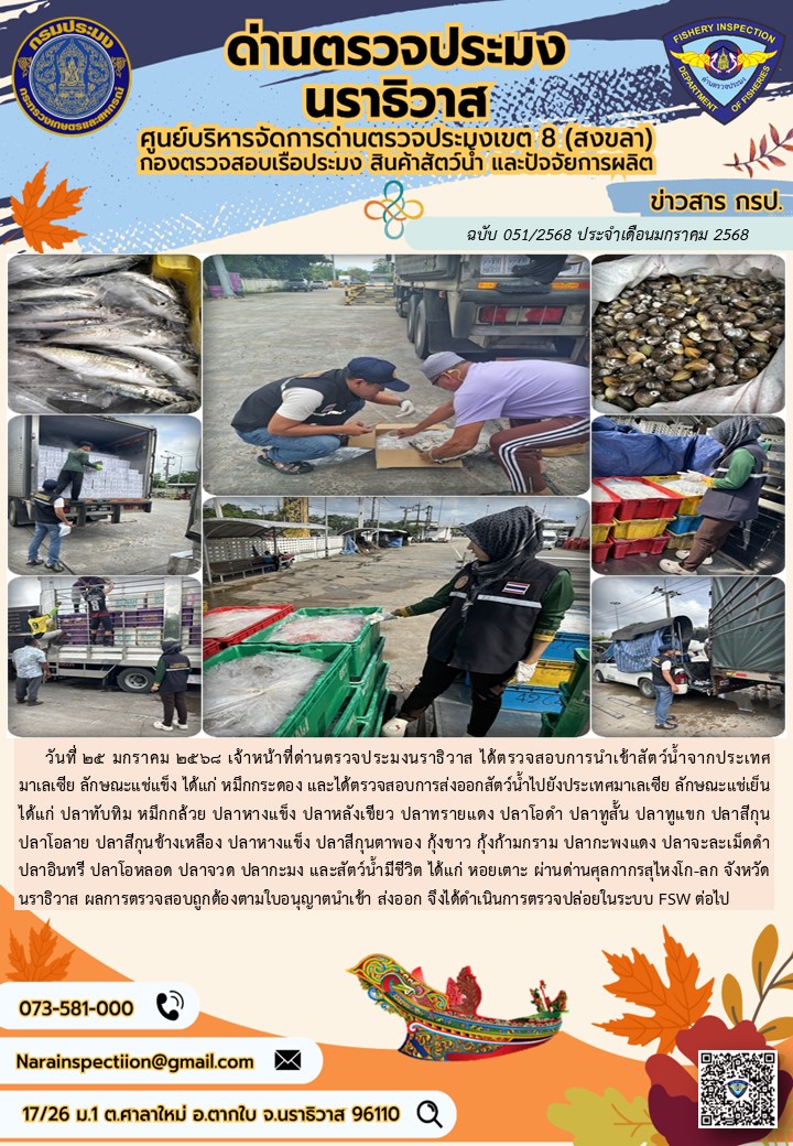 ประชาสัมพันธ์ด่านตรวจประมงนราธิวาส ประจำวันที่ 25 มกราคม 2568..คลิก