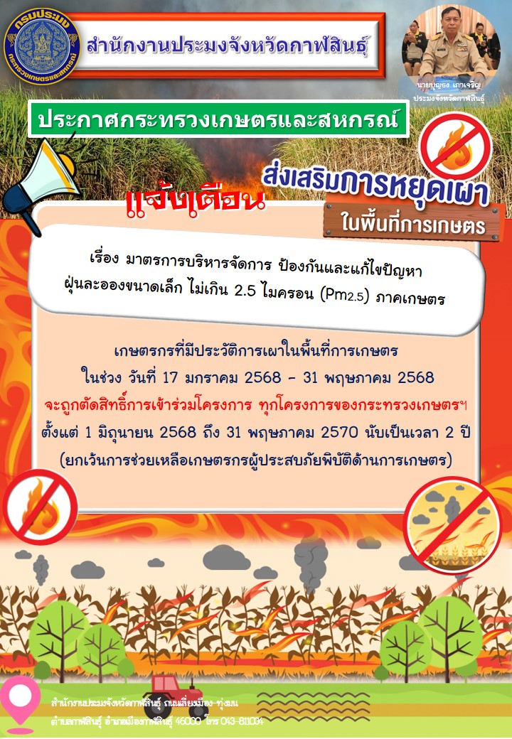 ประกาศกระทรวงเกษตรและสหกรณ์ เรื่อง มาตรการบริหารจัดการ ป้องกันและแก้ไขปัญหา  ฝุ่นละอองขนาดเล็ก ไม่เกิน 2.5 ไมครอน (Pm2.5) ภาคเกษตร