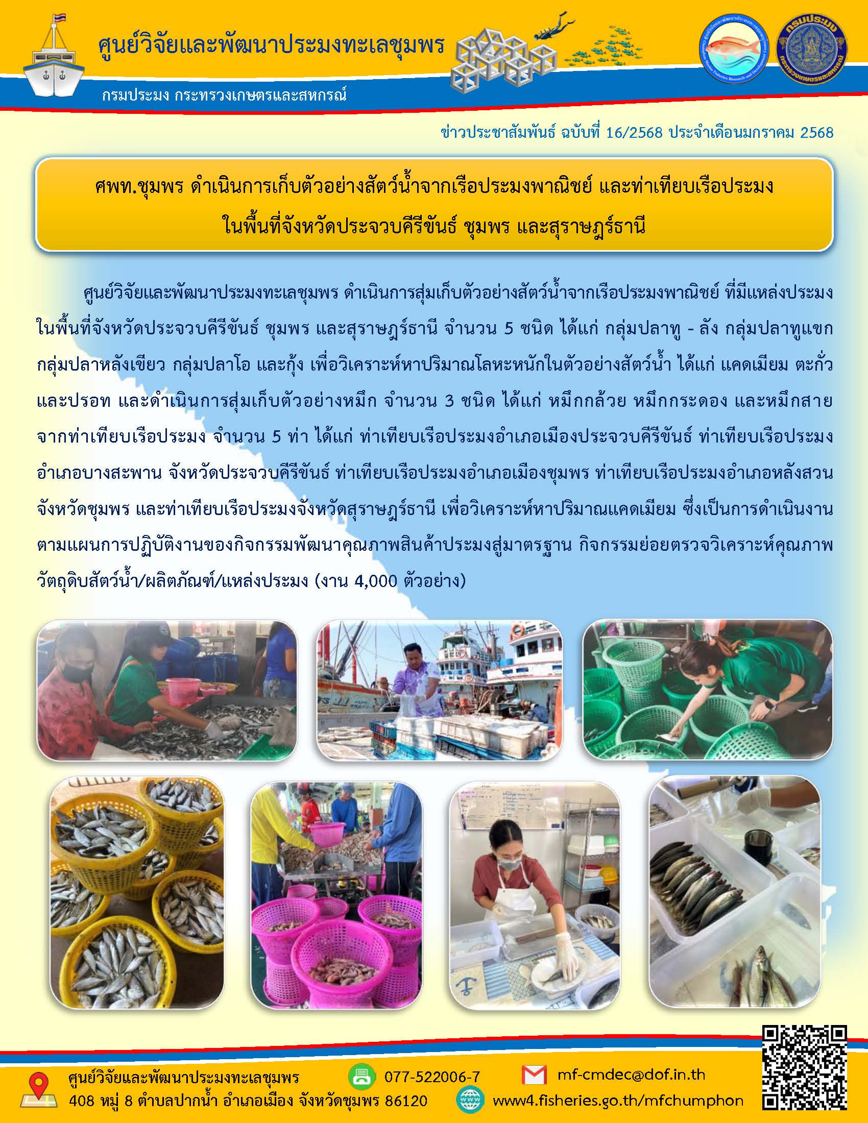 ศูนย์วิจัยและพัฒนาประมงทะเลชุมพร ดำเนินการสุ่มเก็บตัวอย่างสัตว์น้ำจากเรือประมงพาณิชย์ ที่มีแหล่งประมงในพื้นที่จังหวัดประจวบคีรีขันธ์ ชุมพร และสุราษฎร์ธานี จำนวน 5 ชนิด ได้แก่ กลุ่มปลาทู - ลัง กลุ่มปลาทูแขกกลุ่มปลาหลังเขียว กลุ่มปลาโอ และกุ้ง เพื่อวิเคราะห์หาปริมาณโลหะหนักในตัวอย่างสัตว์น้ำ ฯลฯ..คลิก