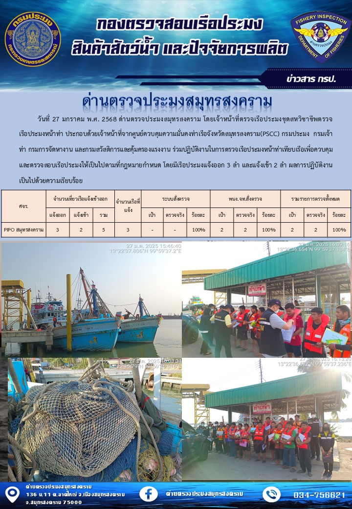 สถิติการแจ้งเข้า - ออกเรือประมงพาณิชย์ ด่านตรวจประมงสมุทรสงคราม ประจำวันที่ 27 มกราคม 2568..คลิก