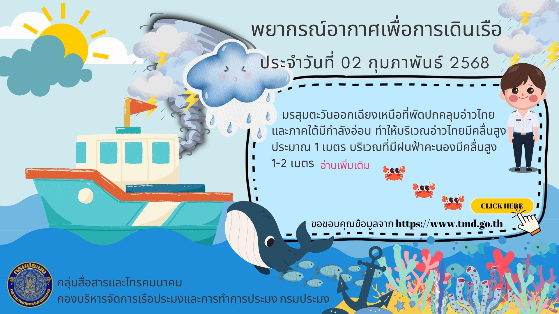 พยากรณ์อากาศเพื่อการเดินเรือ ประจำวันที่ 02 กุมภาพันธ์ 2568
