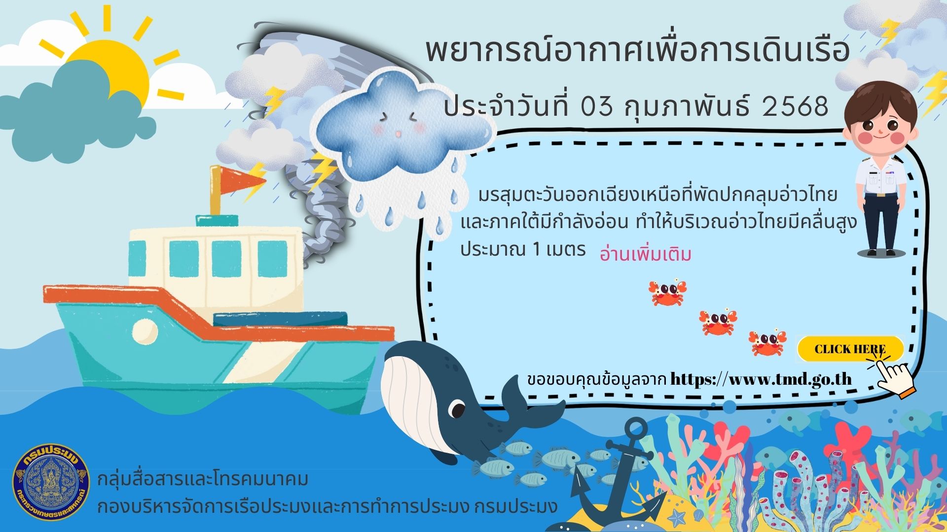 พยากรณ์อากาศเพื่อการเดินเรือ ประจำวันที่ 03 กุมภาพันธ์ 2568
