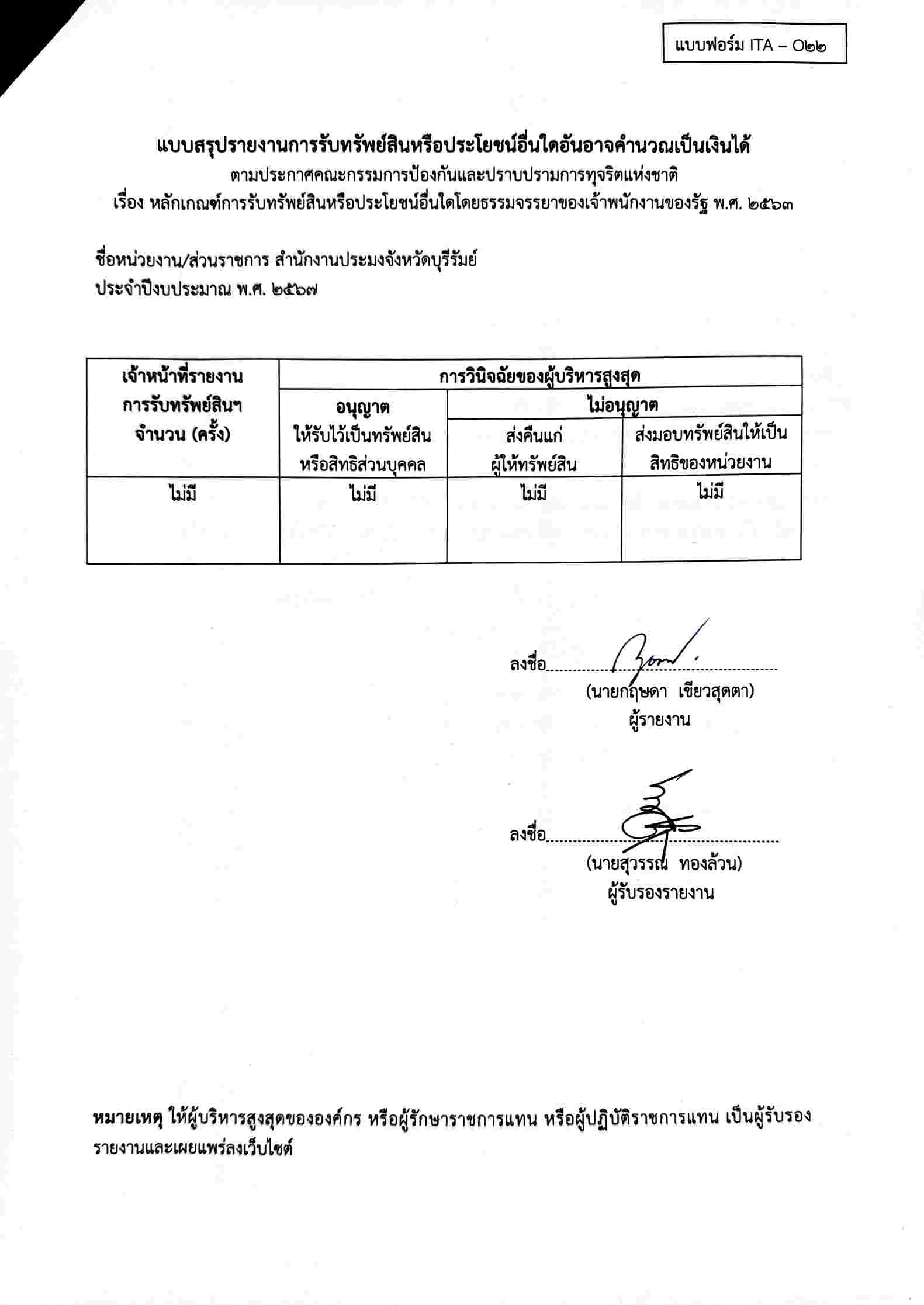 แบบสรุปรายงานการรับทรัพย์สินหรือประโยชน์อื่นใดอันอาจคำนวณเป็นเงินได้ ประจำปีงบประมาณ  พ.ศ. 2567